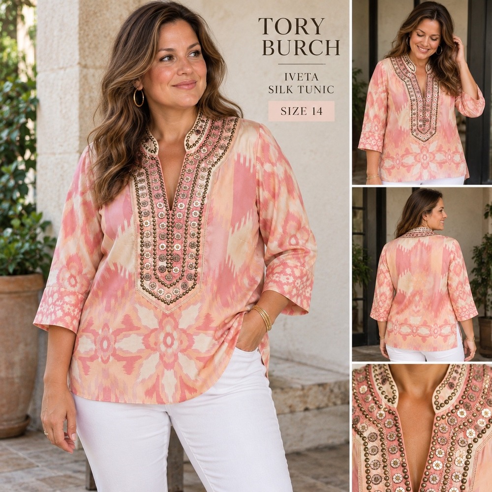 Tory Burch Iveta Silk Tunic Womens 14 Pink Ikat Embellished Beaded Boho Blouse